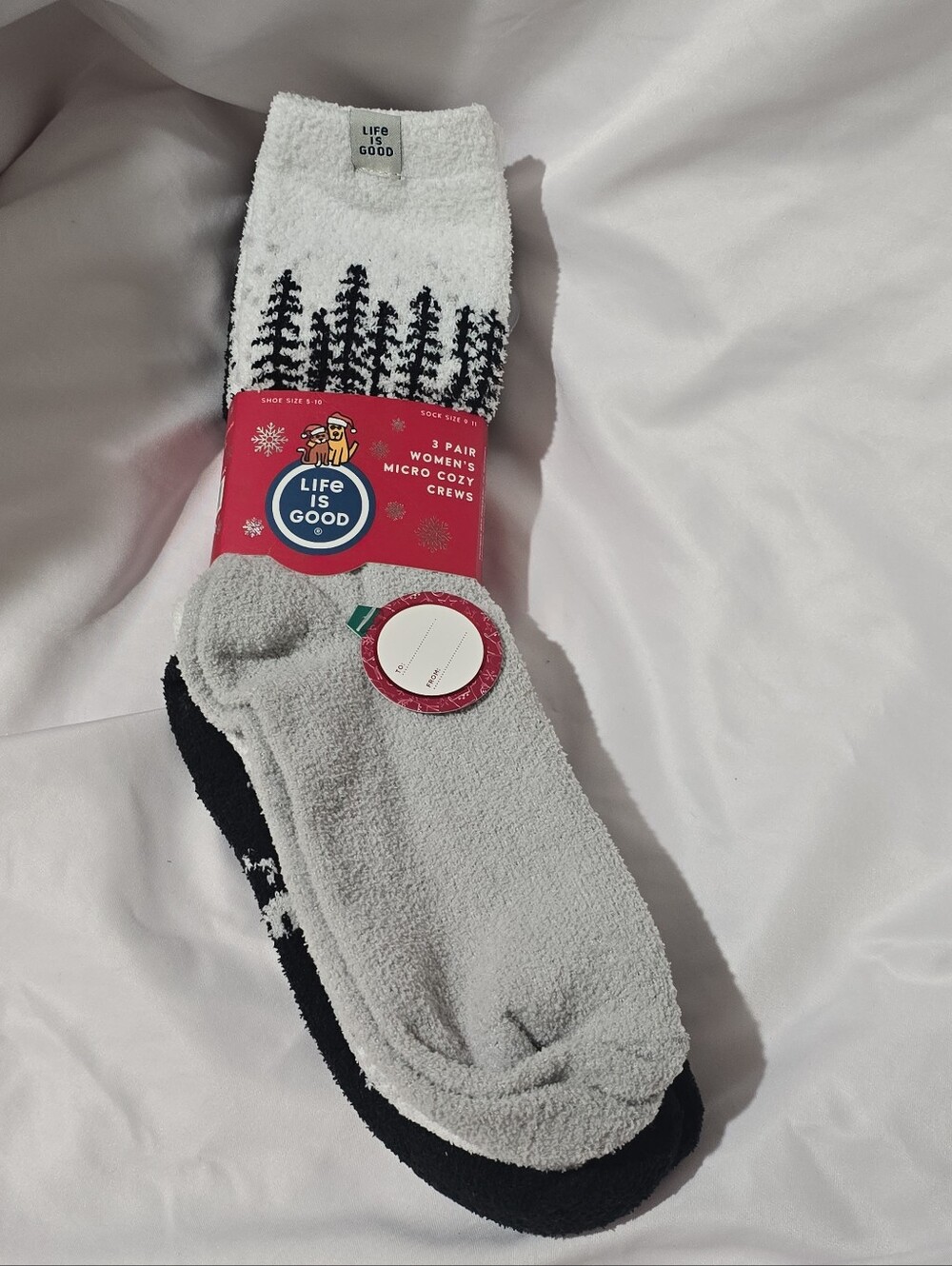 NWT Life Is Good Women's 3 Pair Micro Cozy Crew Socks Holiday Theme Black Gray